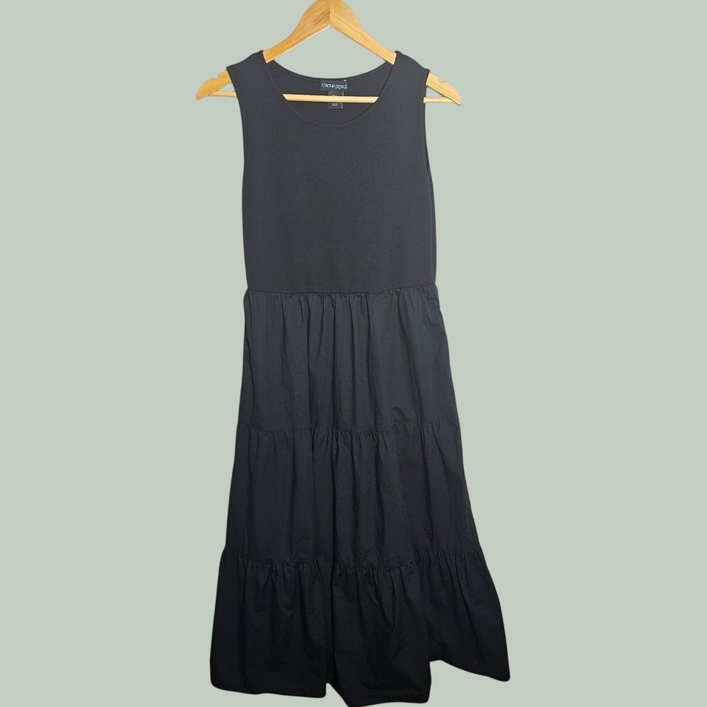 Cynthia Rowley Cotton Tank Midi Dress Womens Medium Black Tiered Pockets Casual - Picture 2 of 7